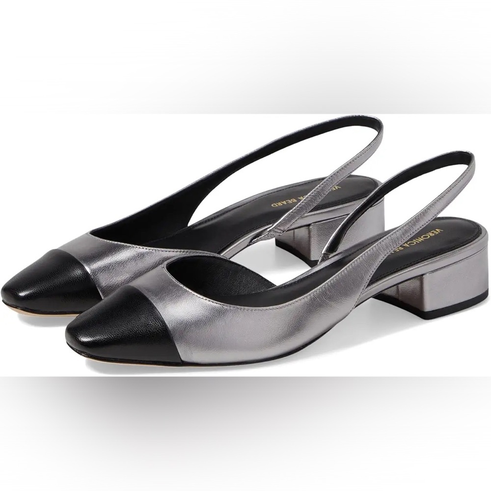 Veronica Beard Cecile Leather Cap-Toe Slingback in Silver/ Size 8.5